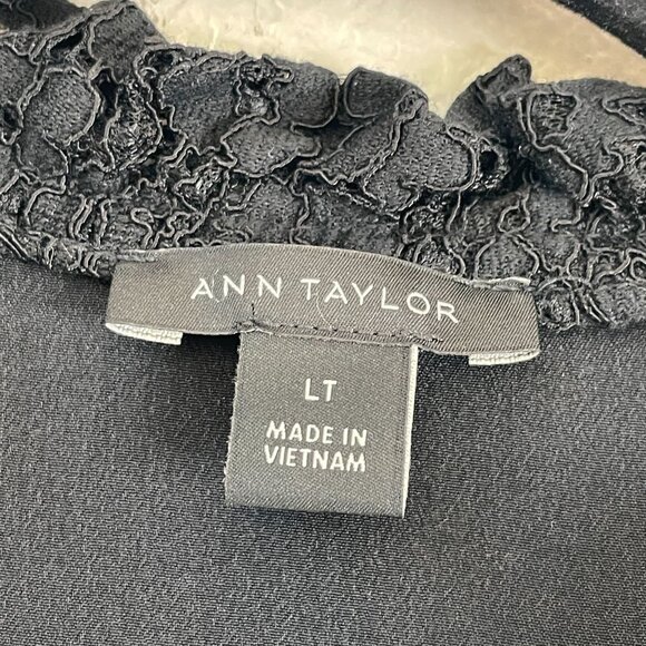 Ann Taylor Womens Large Tall Black Lace Yoke Long Sleeve Blouse Front Neck Tie - Picture 4 of 12